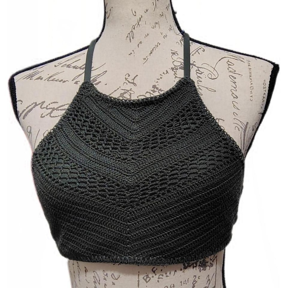 Whimsygoth Crochet Halter Crop Top Chevron Lace Up Back Medium Indie Festival